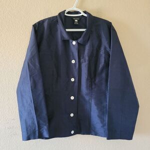 Multiples Womens Button Up Top Jacket Size Xl Navy Blue Satin Lagenlook Artsy